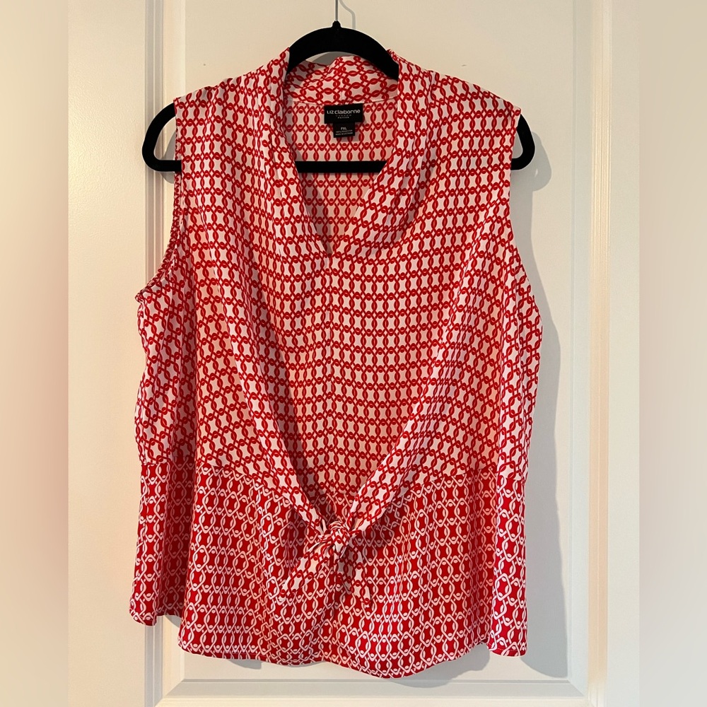 Liz Claiborne Red and White Patterned Sleeveless Blouse, Front Tie